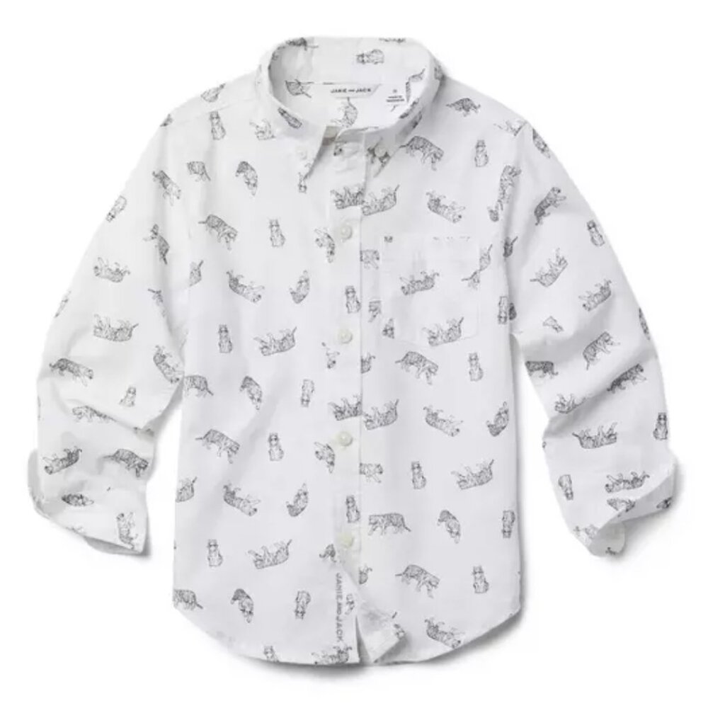 JANIE AND JACK TIGER PRINT POPLIN SHIRT BUTTON DOWN 100% COTTON BOYS 12 NWOT